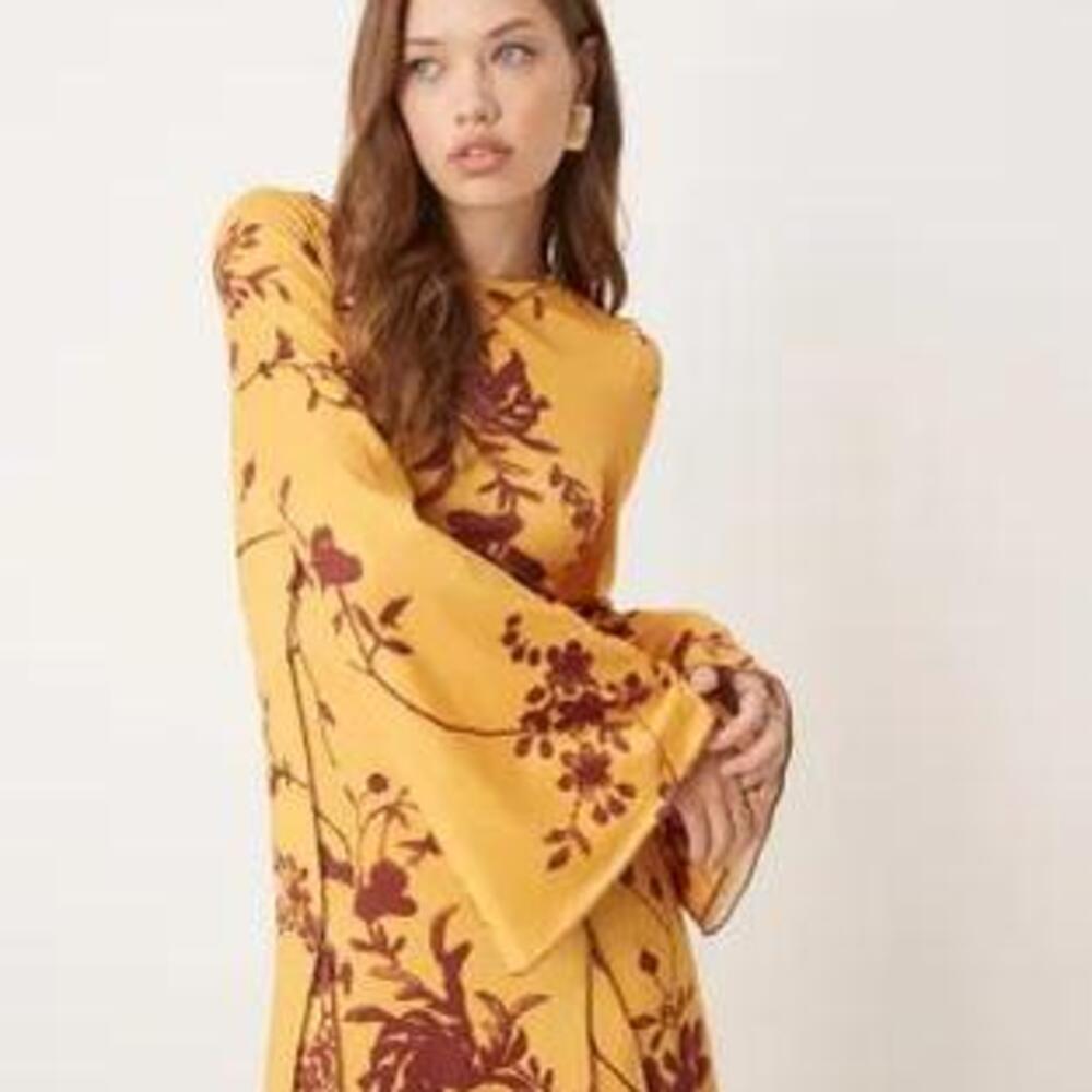 ASOS DESIGN boho floral print peach long sleeve midaxi dress in Yellow